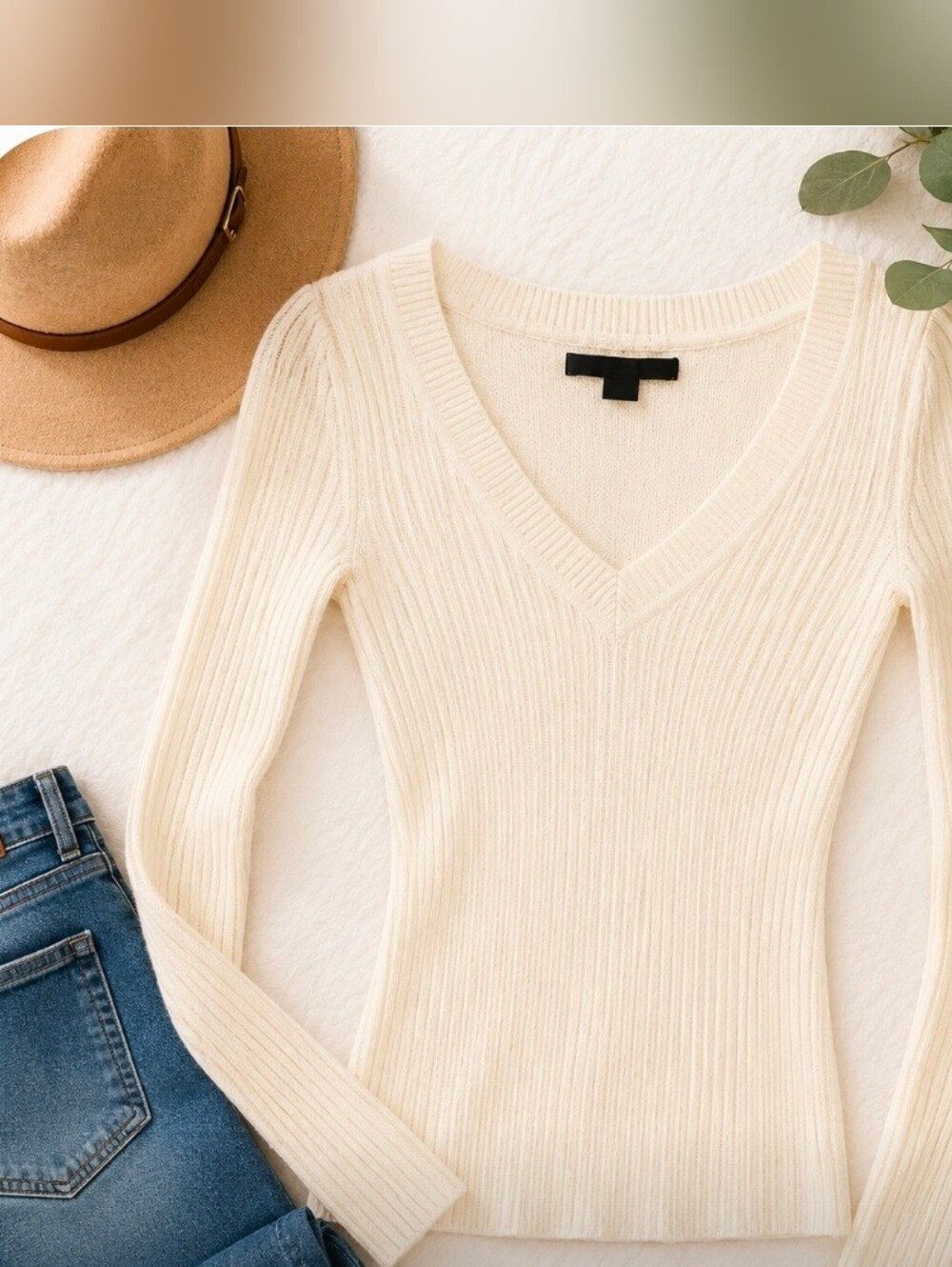Express Women's Cream Ribbed V-Neck Sweater | Soft Stretch Knit Long Sleeve Top